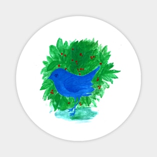 blue bird and shrub watercolor painting Magnet